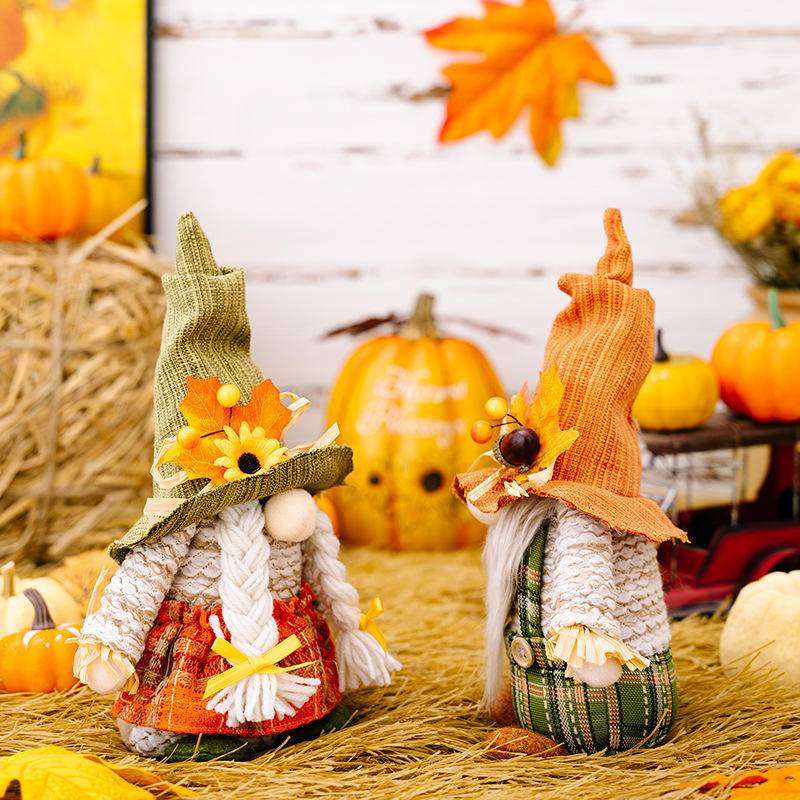Maple Leaf Plaid Thanksgiving Harvest Gnome Ornaments
