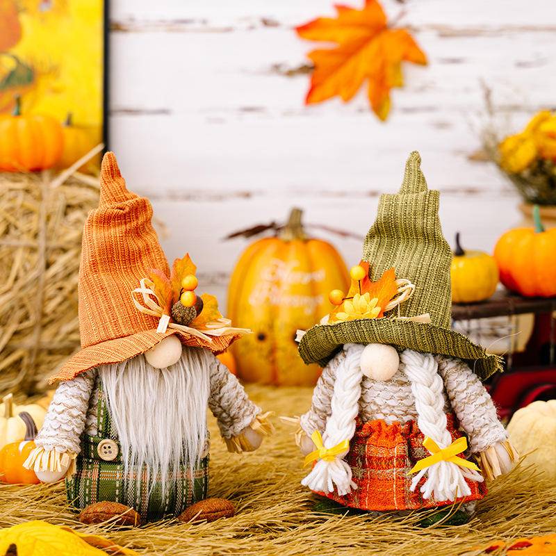 Maple Leaf Plaid Thanksgiving Harvest Gnome Ornaments