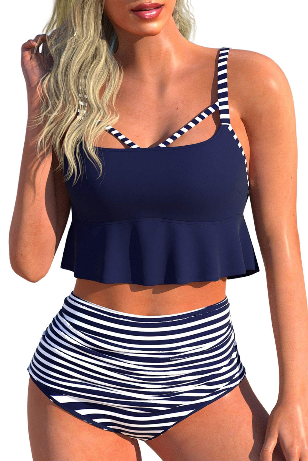 Cutout Ruffle Crop Top & Striped High Waist Bikini Set