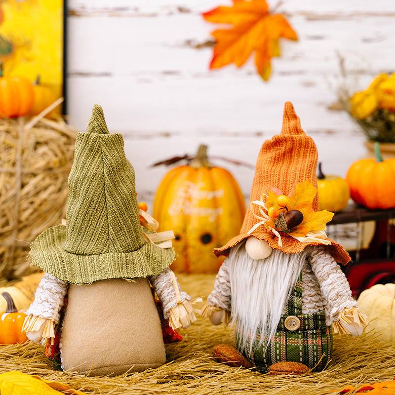 Maple Leaf Plaid Thanksgiving Harvest Gnome Ornaments