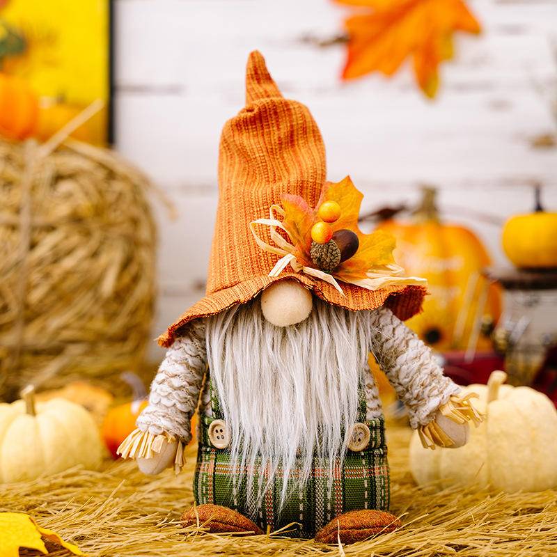 Maple Leaf Plaid Thanksgiving Harvest Gnome Ornaments