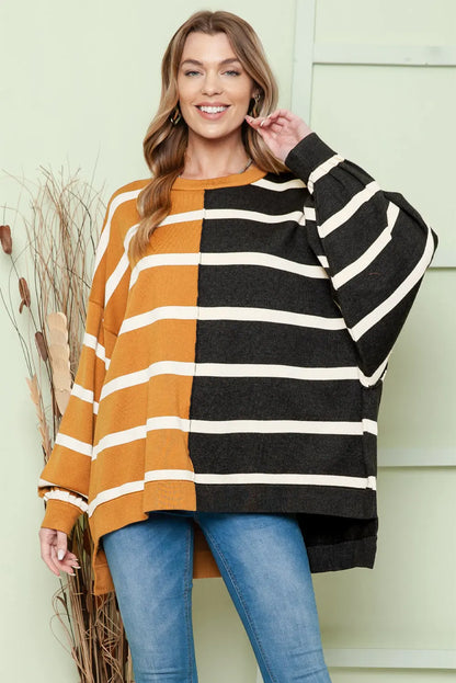 Striped Dropped Shoulder Round Neck Blouse - Image #4