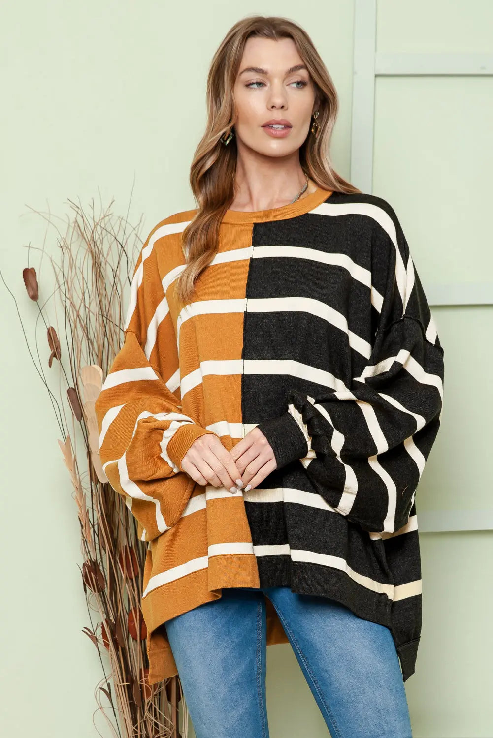 Striped Dropped Shoulder Round Neck Blouse - Image #5