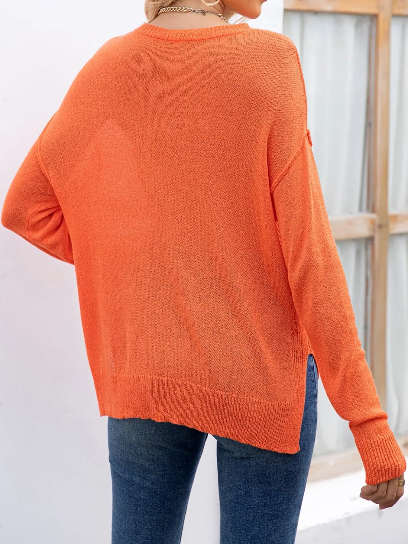 Round Neck Dropped Shoulder Slit T-Shirt - Image #2