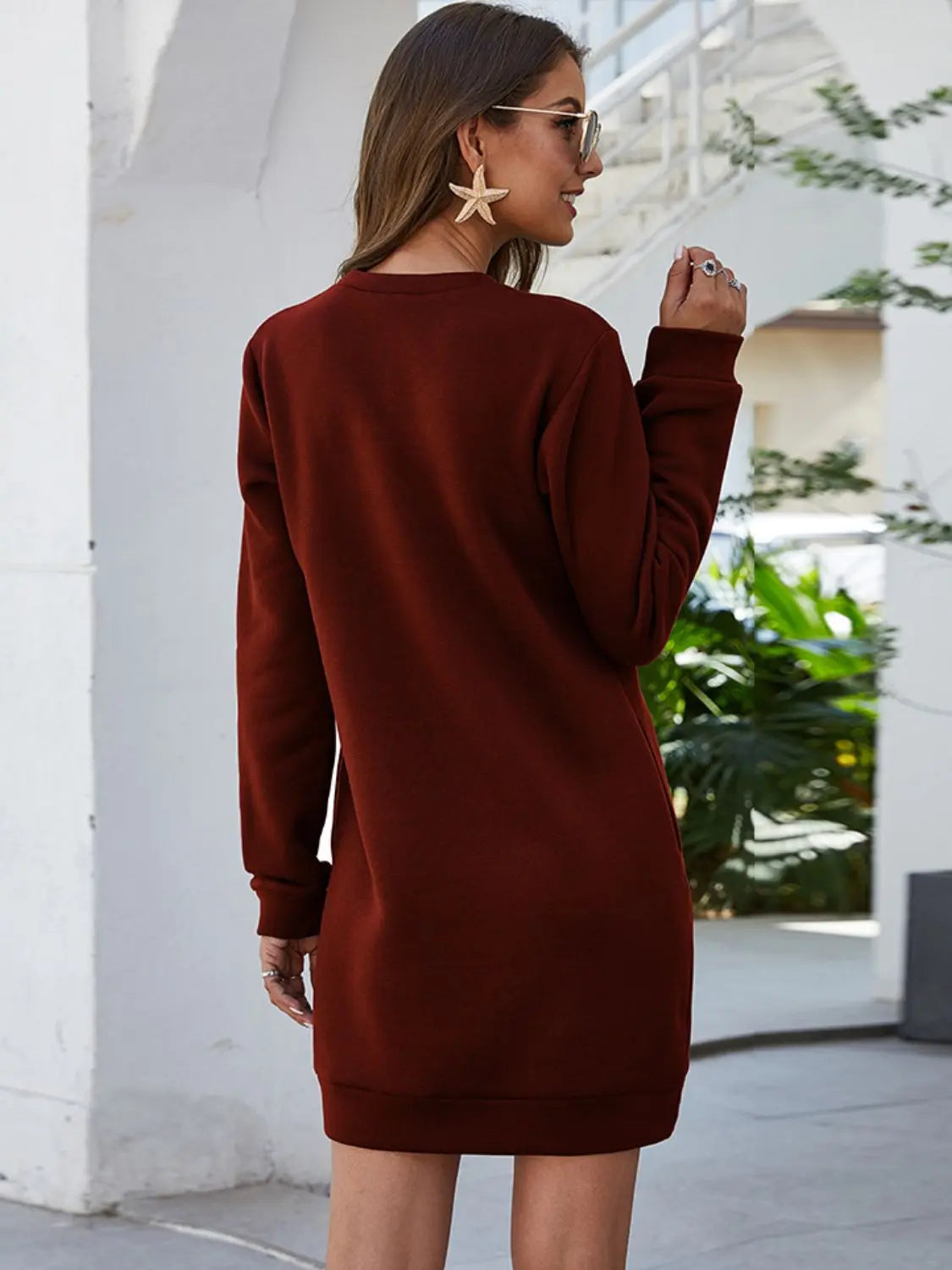 Round Neck Long Sleeve Mini Dress with Pockets - Image #12