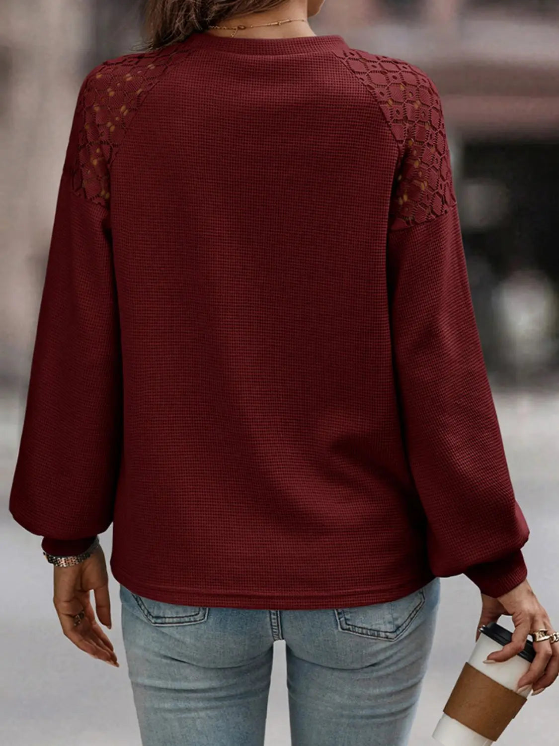 Lantern Sleeve Round Neck Blouse - Image #6