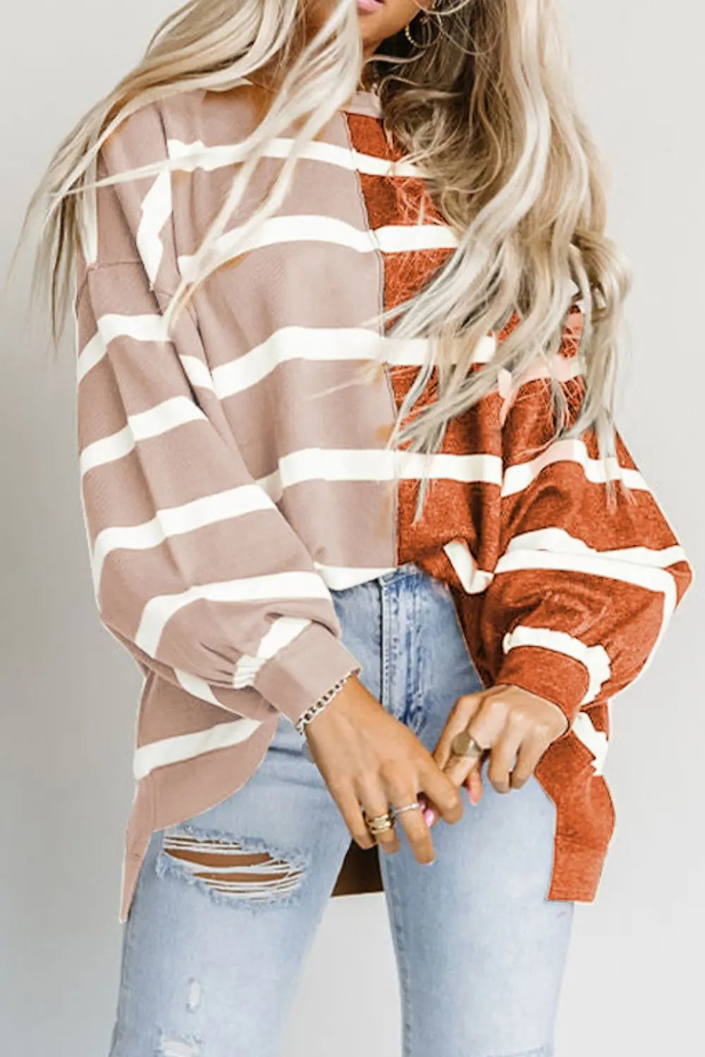 Striped Dropped Shoulder Round Neck Blouse - Image #7