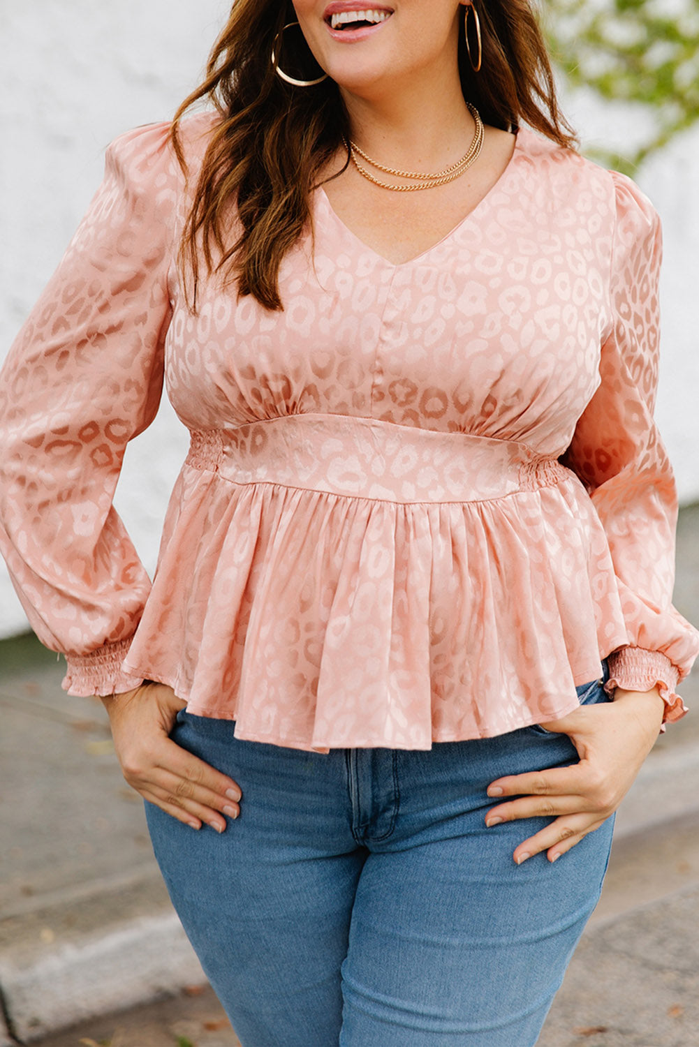 Pink Plus Size Leopard Satin Peplum Top