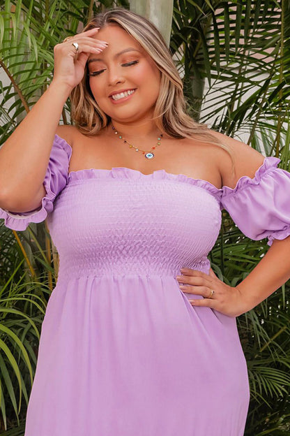 Purple Ruffled Smocked Off Shoulder Plus Size Maxi Dress