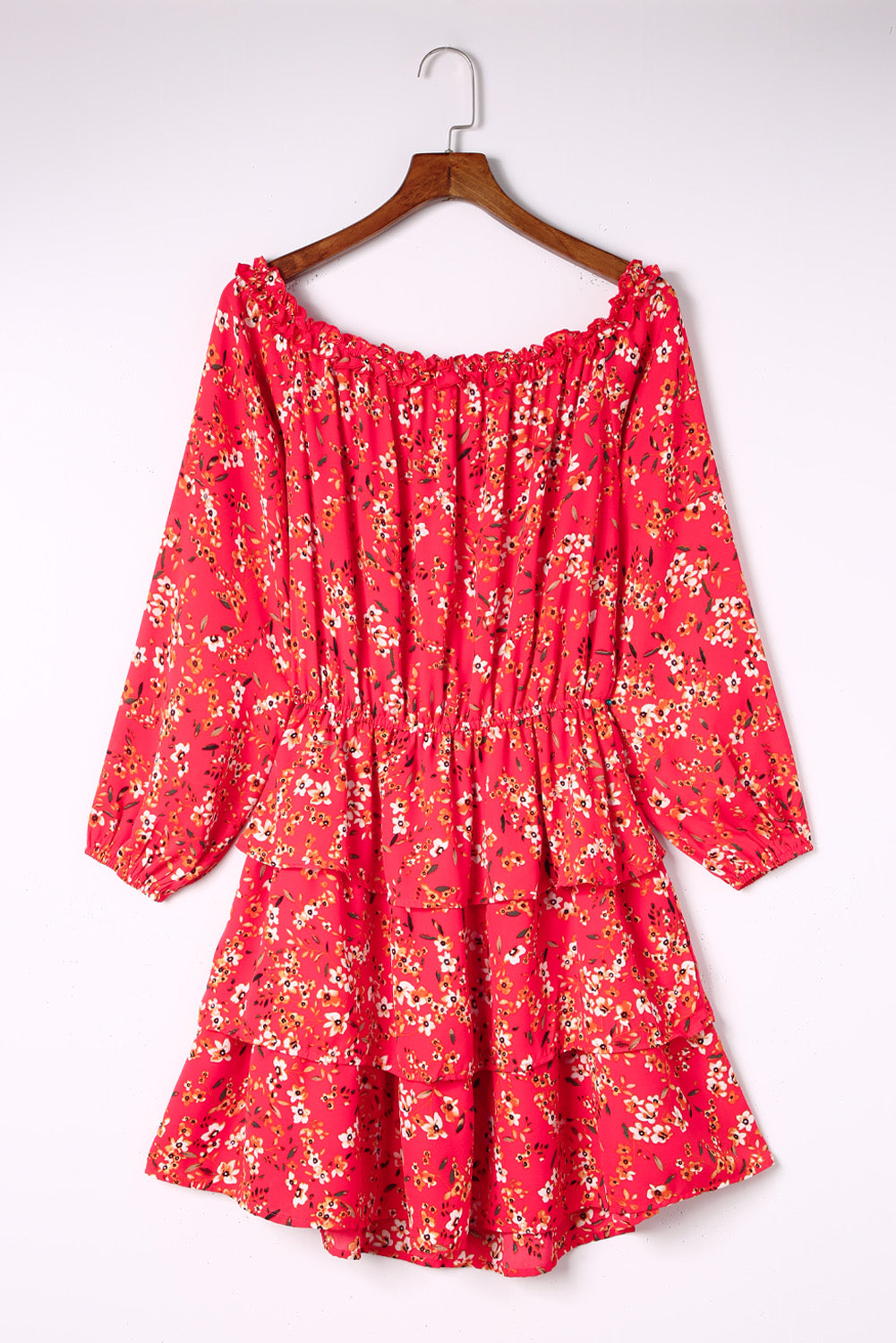 Red Frilled Neckline Tiered Ruffled Floral Dress