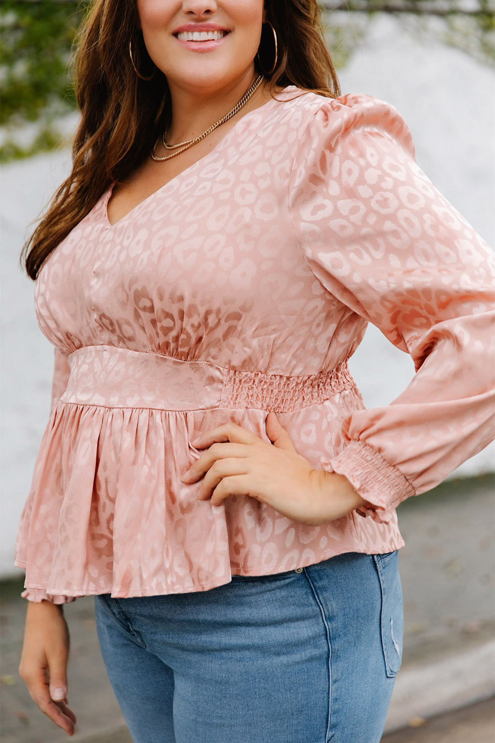 Pink Plus Size Leopard Satin Peplum Top