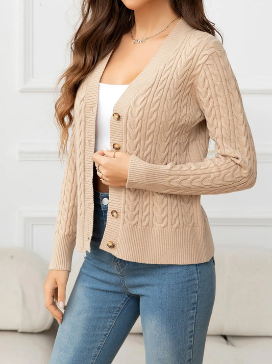 V-Neck Long Sleeve Cable-Knit Buttoned Knit Top - Image #1