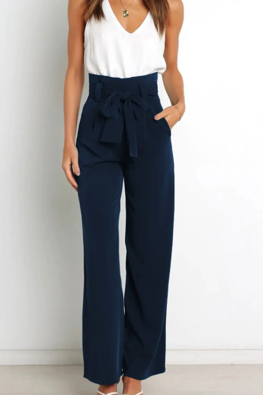 Tie Front Paperbag Wide Leg Pants - Image #8