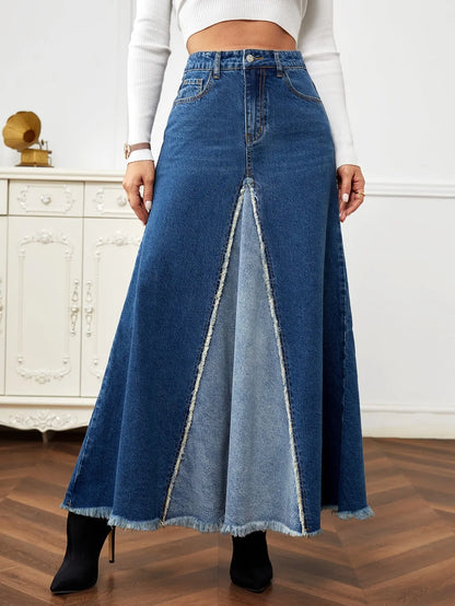 High Waist Raw Hem Denim Skirt - Image #2