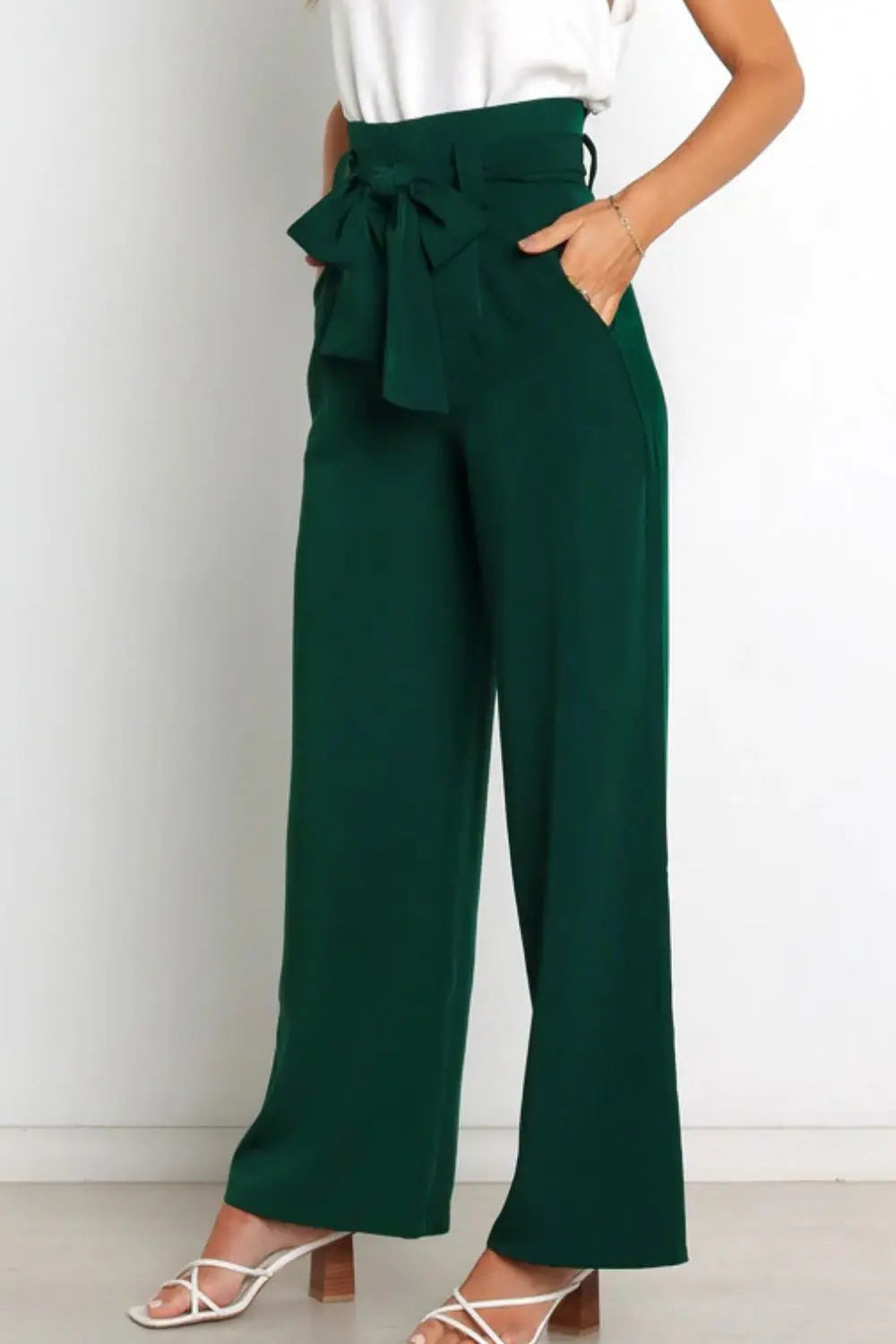 Tie Front Paperbag Wide Leg Pants - Image #6