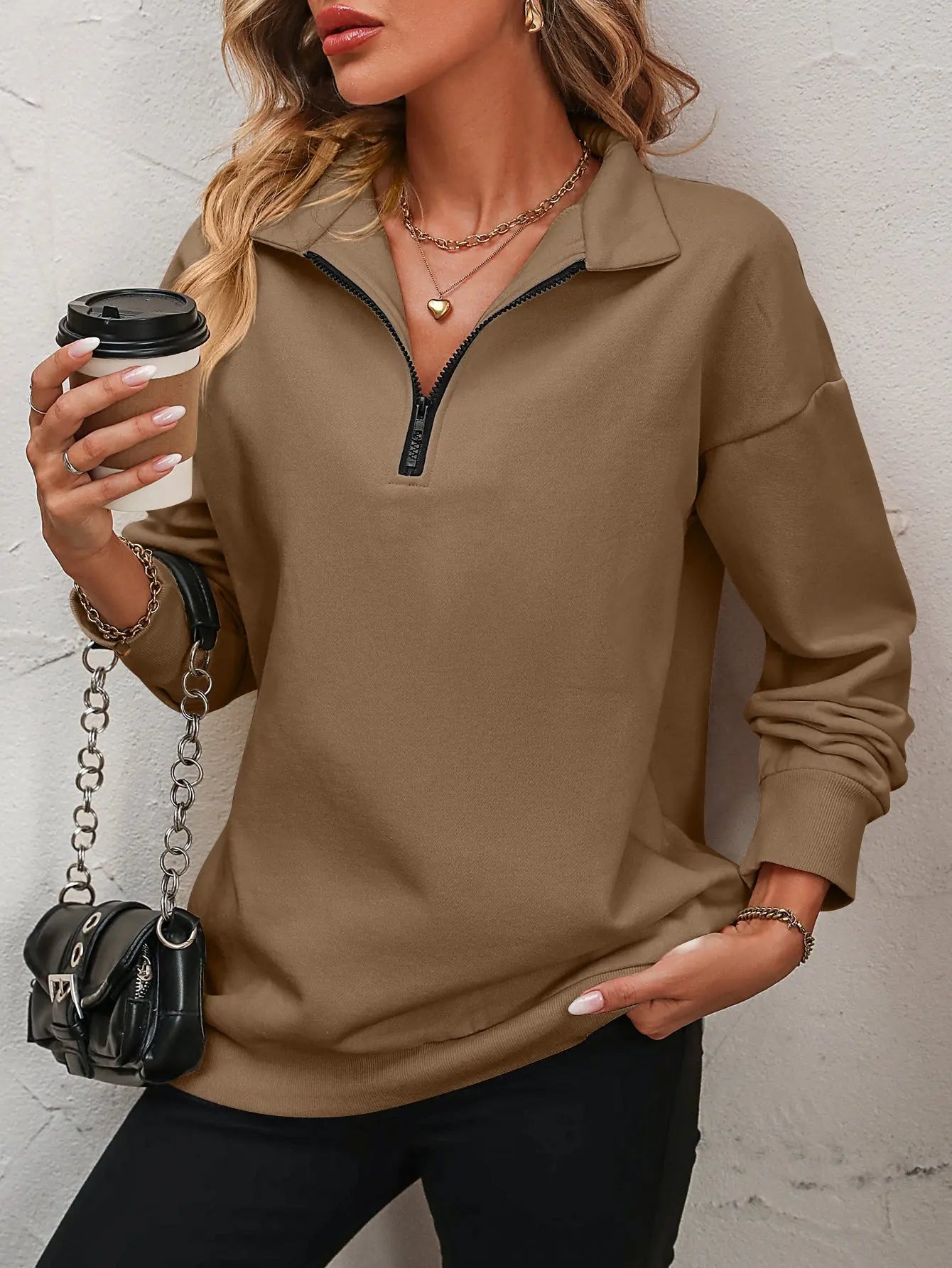 Zip-Up Dropped Shoulder Sweatshirt - Image #21