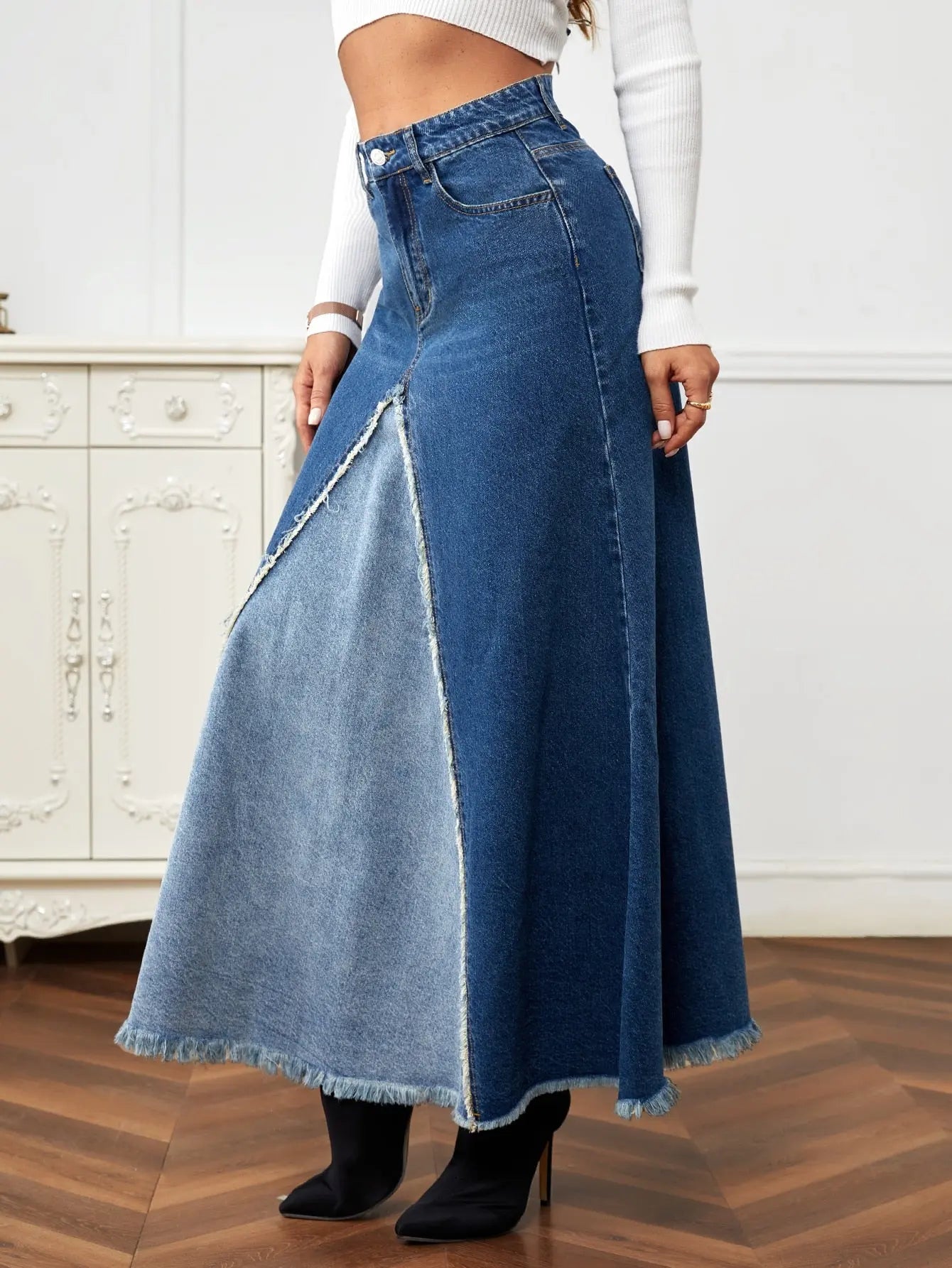 High Waist Raw Hem Denim Skirt - Image #5