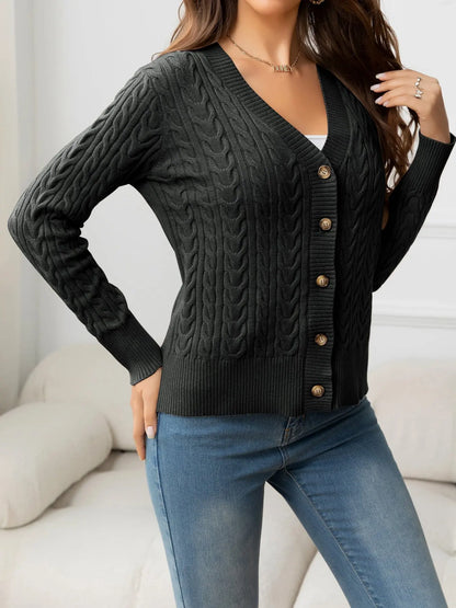 V-Neck Long Sleeve Cable-Knit Buttoned Knit Top - Image #6