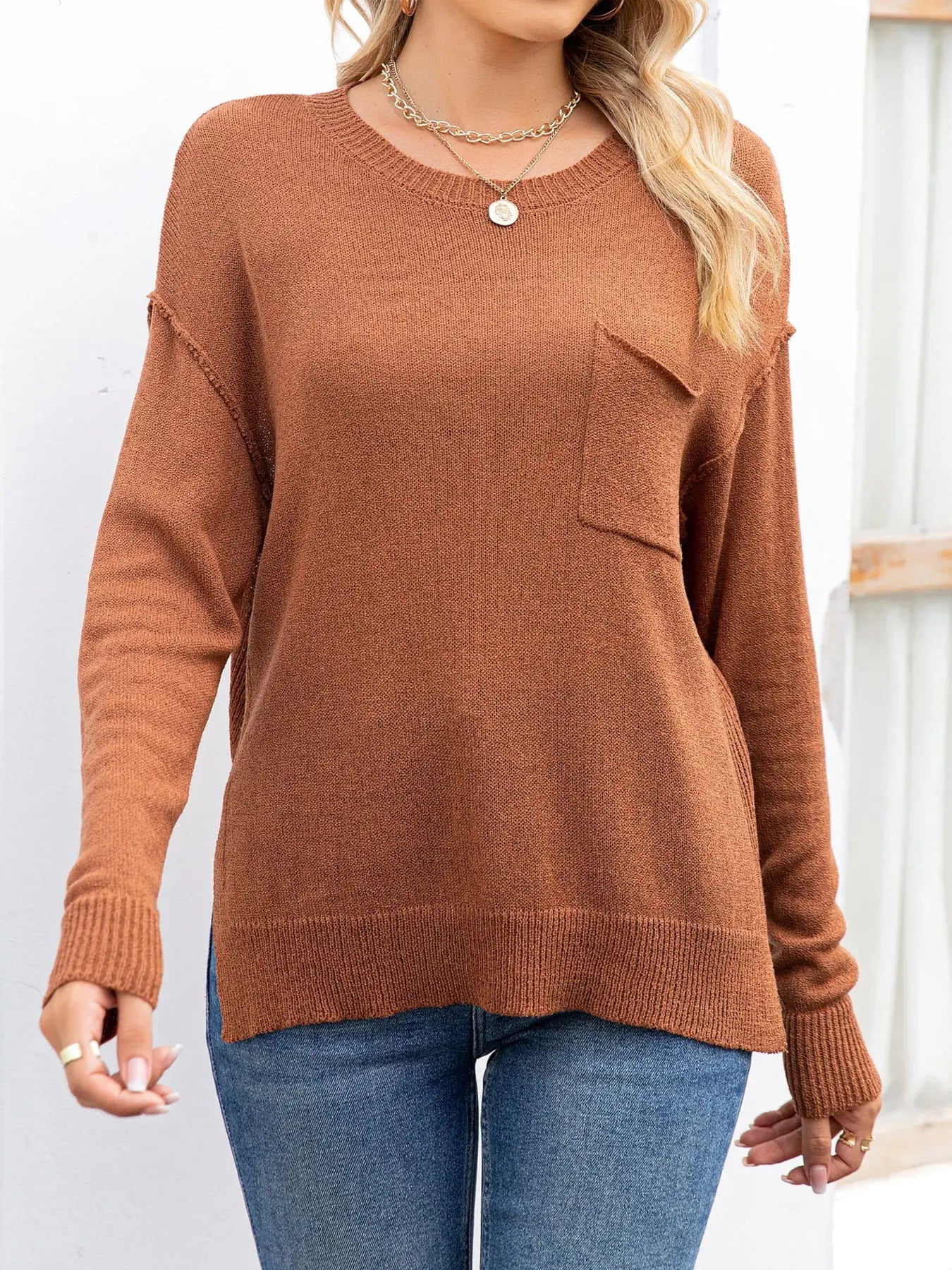 Round Neck Dropped Shoulder Slit T-Shirt - Image #6