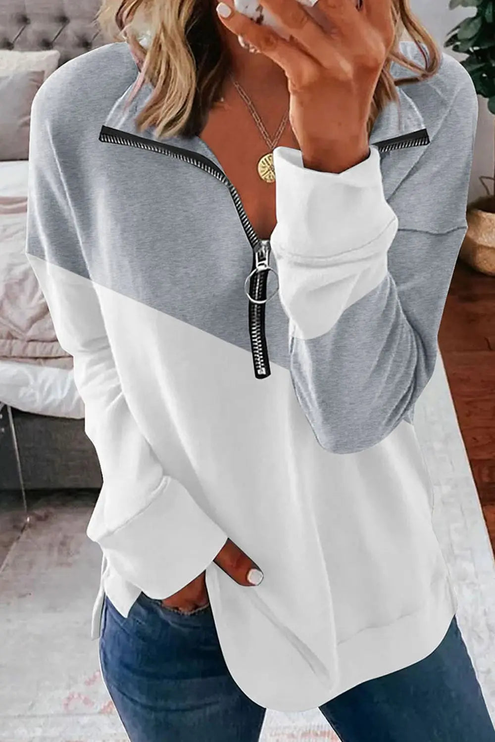 Contrast Zip-Up Collared Neck Dropped Shoulder Blouse - Image #7