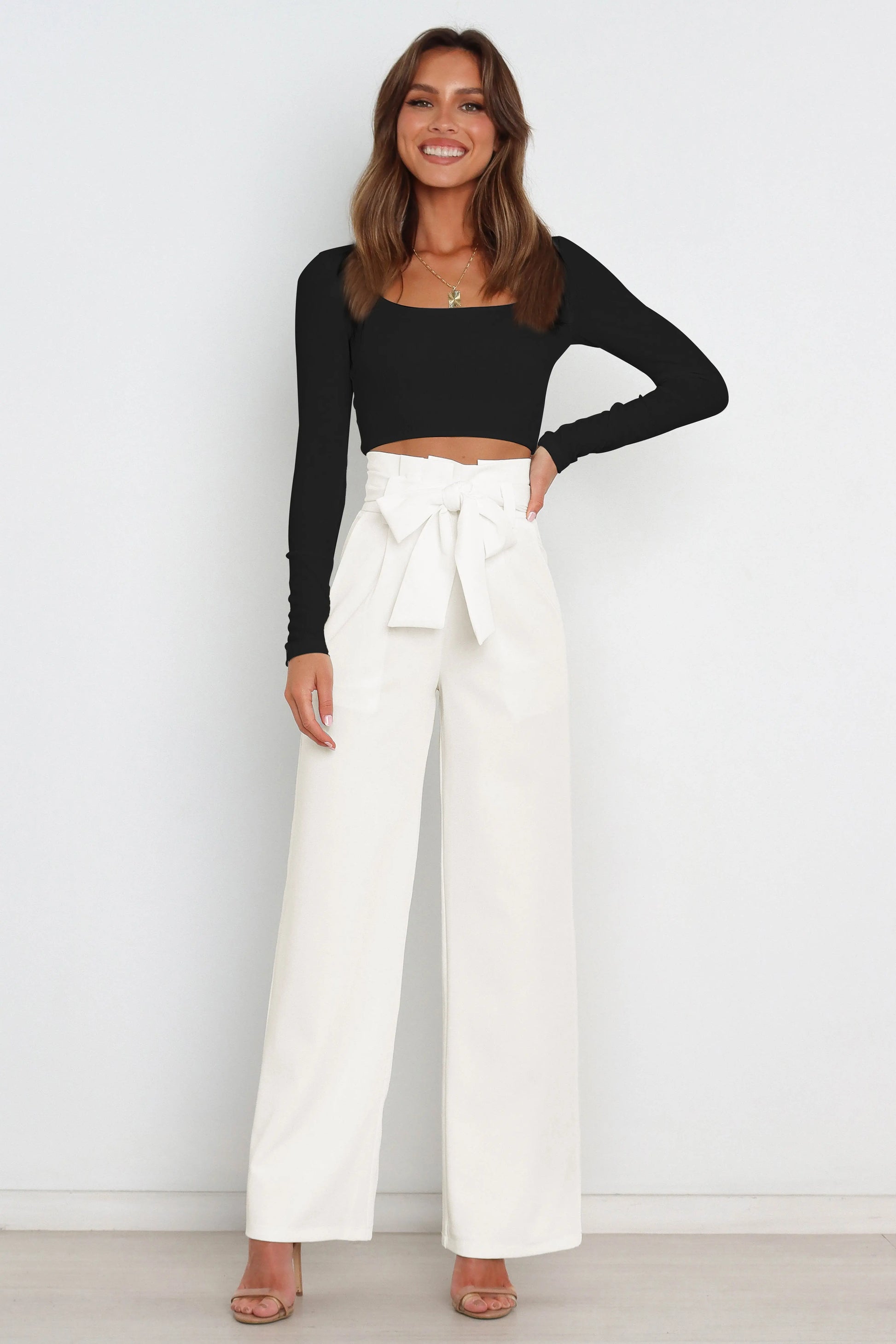 Tie Front Paperbag Wide Leg Pants - Image #18