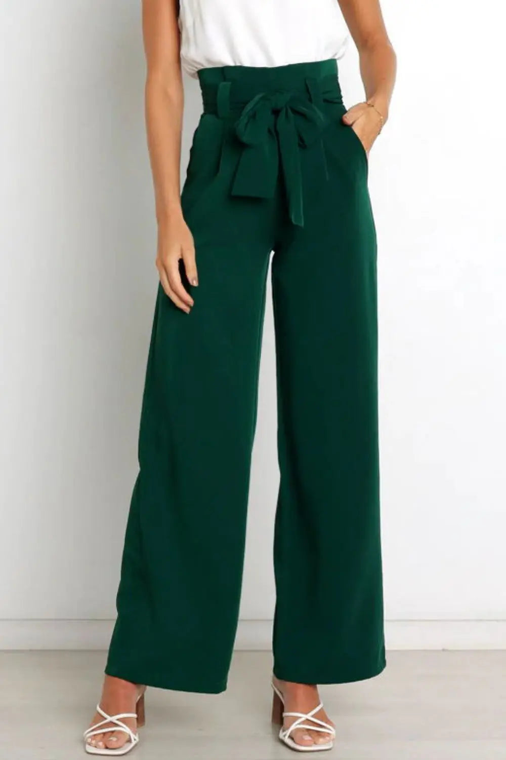 Tie Front Paperbag Wide Leg Pants - Image #4