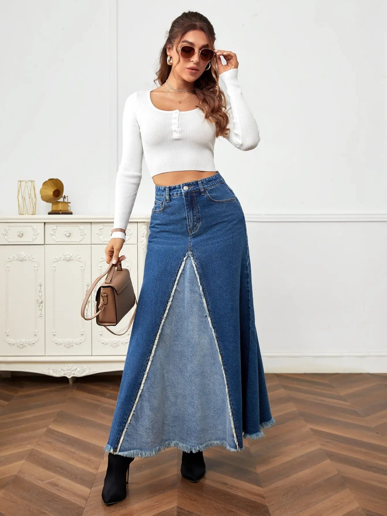 High Waist Raw Hem Denim Skirt - Image #1