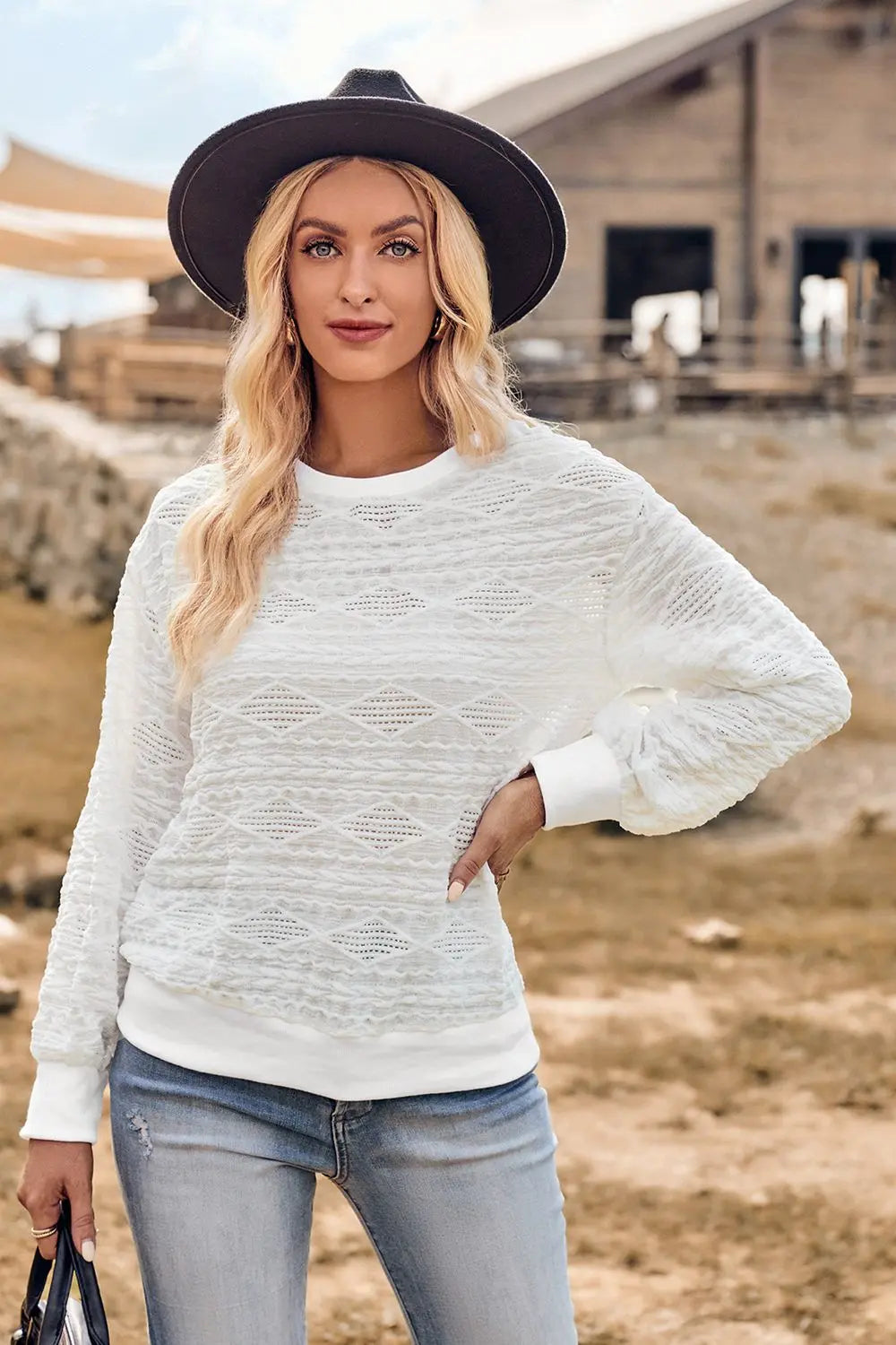 Round Neck Long Sleeve Knit Top - Image #3