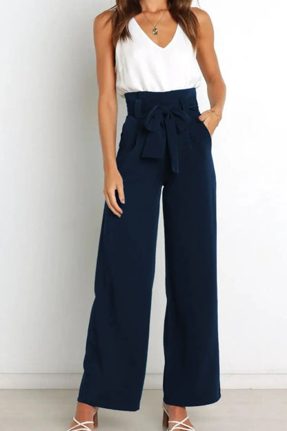 Tie Front Paperbag Wide Leg Pants - Image #7