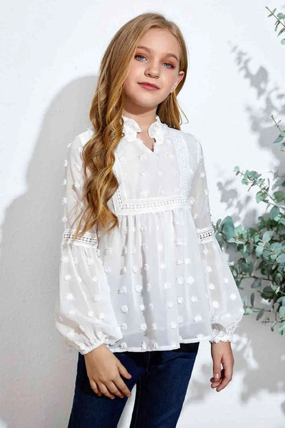 Girls Swiss Dot Spliced Lace Notched Blouse - Image #1