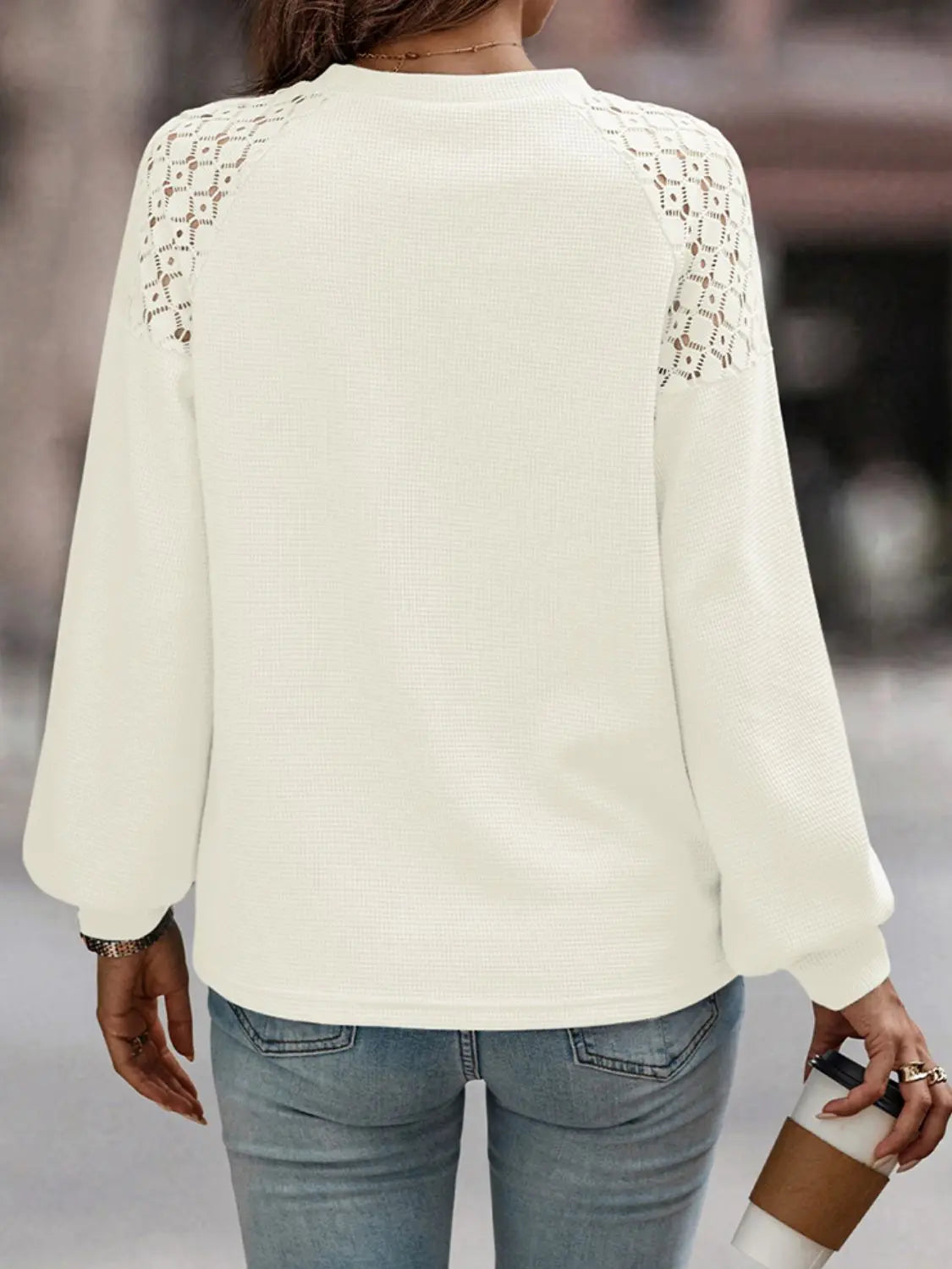 Lantern Sleeve Round Neck Blouse - Image #2