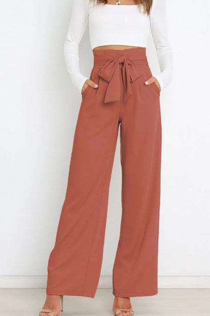 Tie Front Paperbag Wide Leg Pants - Image #10