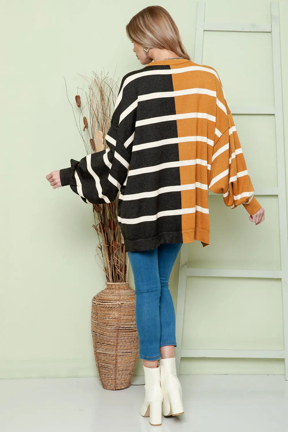 Striped Dropped Shoulder Round Neck Blouse - Image #2