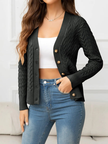 V-Neck Long Sleeve Cable-Knit Buttoned Knit Top - Image #5