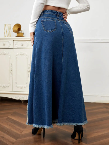 High Waist Raw Hem Denim Skirt - Image #3