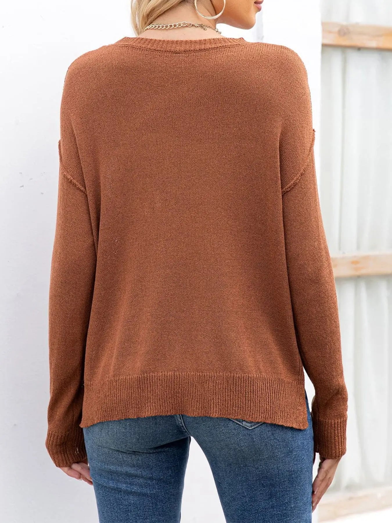 Round Neck Dropped Shoulder Slit T-Shirt - Image #9