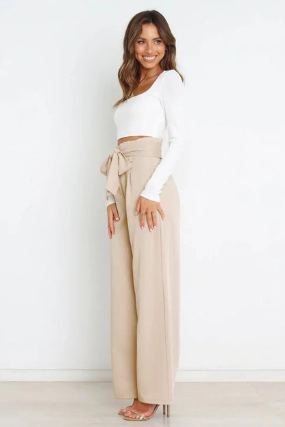 Tie Front Paperbag Wide Leg Pants - Image #3