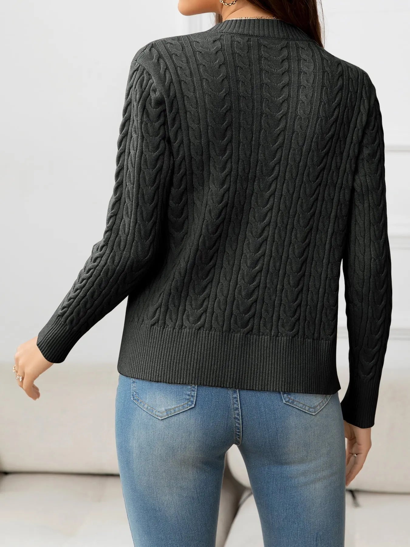 V-Neck Long Sleeve Cable-Knit Buttoned Knit Top - Image #7