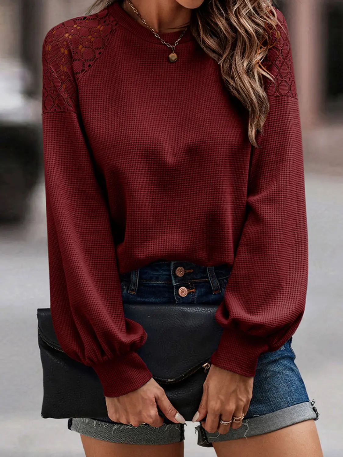 Lantern Sleeve Round Neck Blouse - Image #5