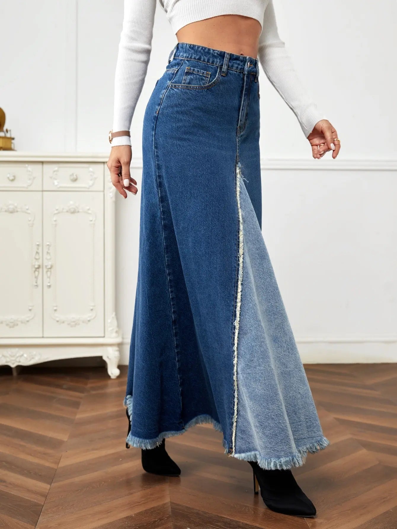 High Waist Raw Hem Denim Skirt - Image #4