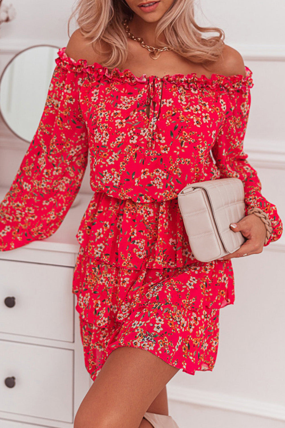 Red Frilled Neckline Tiered Ruffled Floral Dress