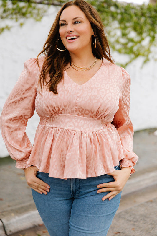 Pink Plus Size Leopard Satin Peplum Top