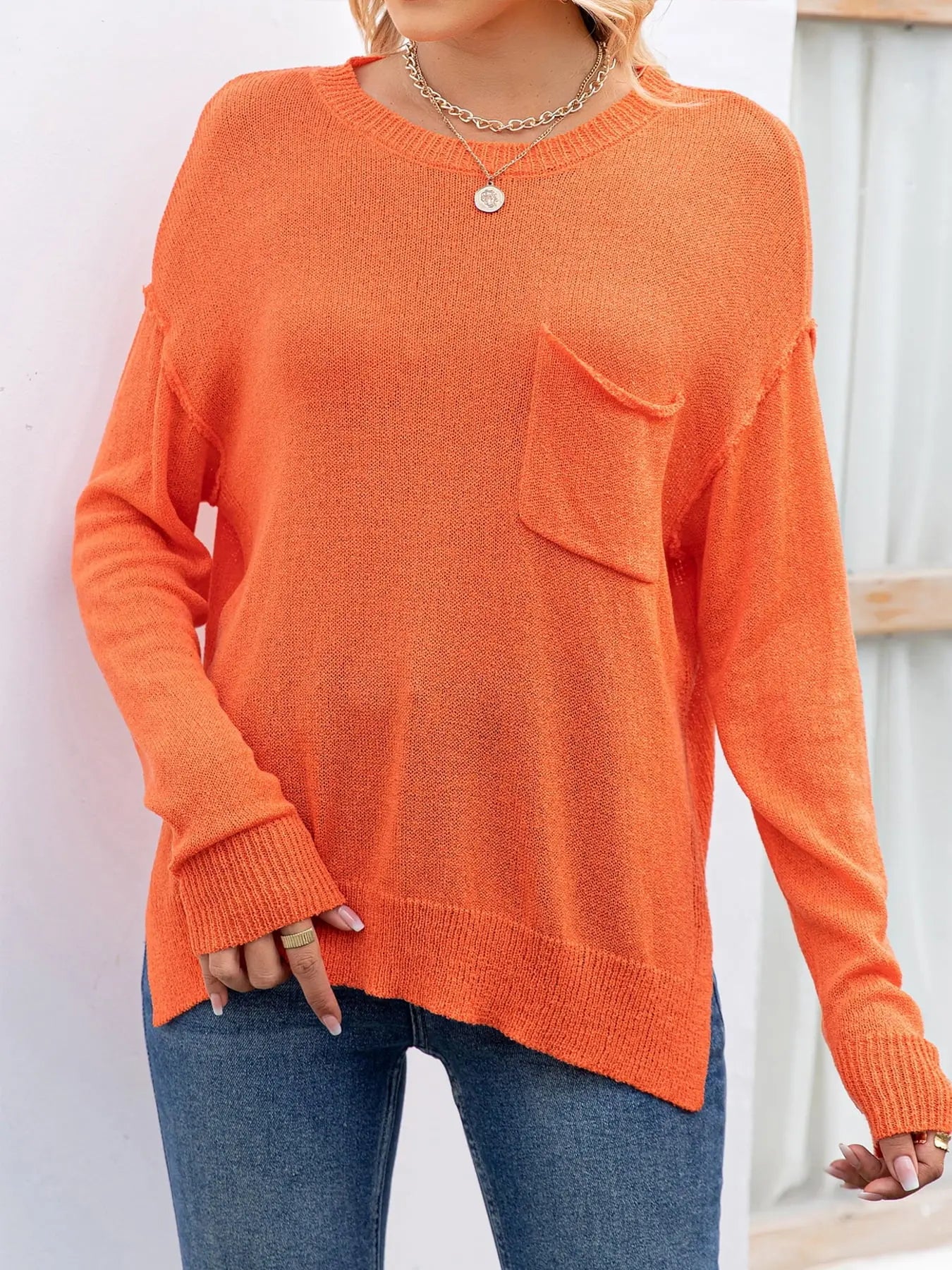 Round Neck Dropped Shoulder Slit T-Shirt - Image #1