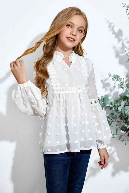 Girls Swiss Dot Spliced Lace Notched Blouse - Image #3