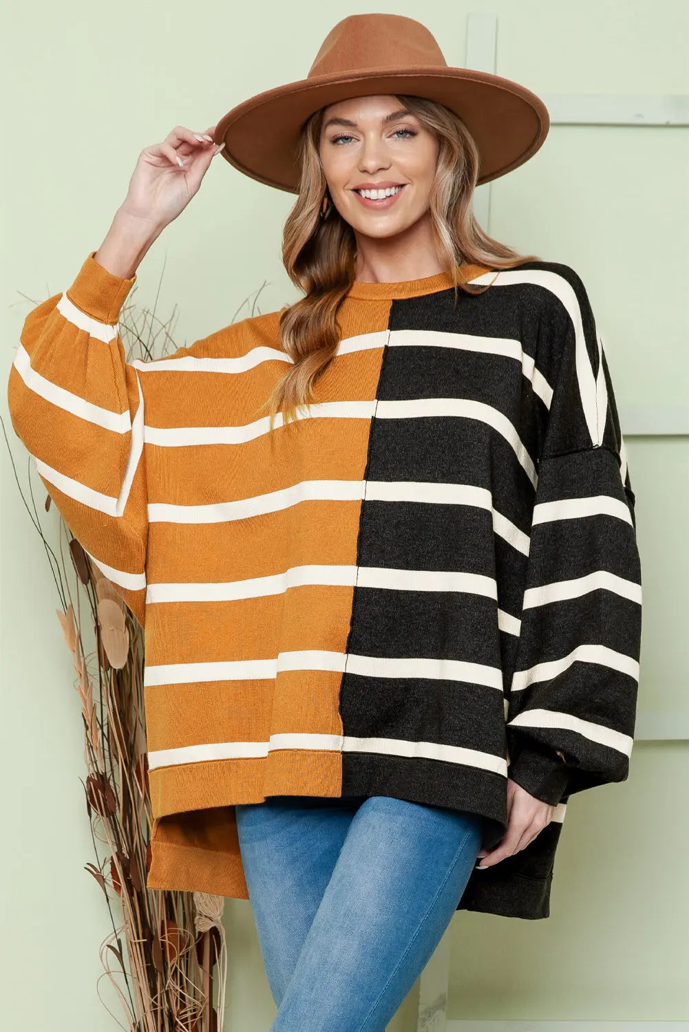 Striped Dropped Shoulder Round Neck Blouse - Image #1