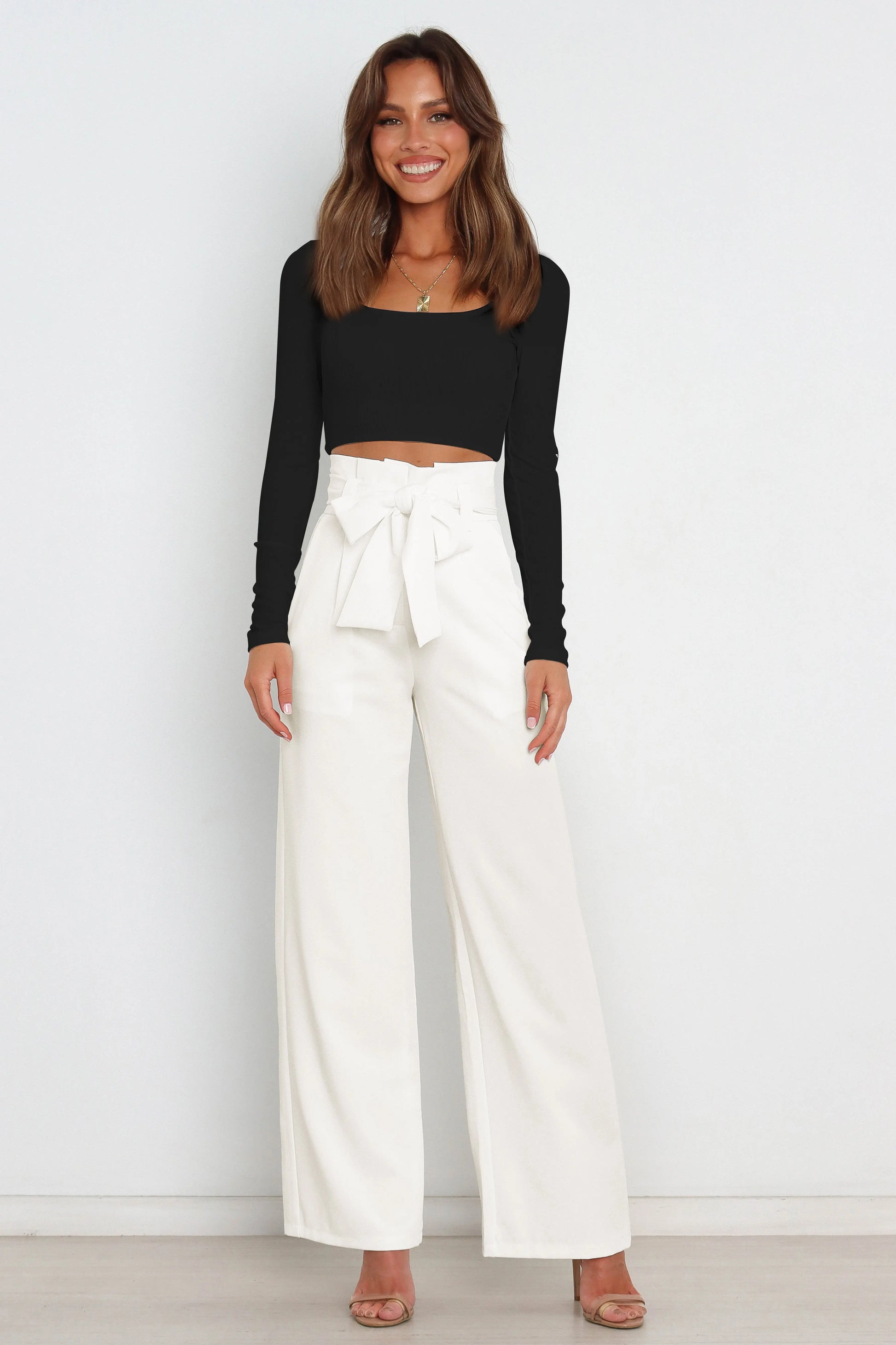 Tie Front Paperbag Wide Leg Pants - Image #16