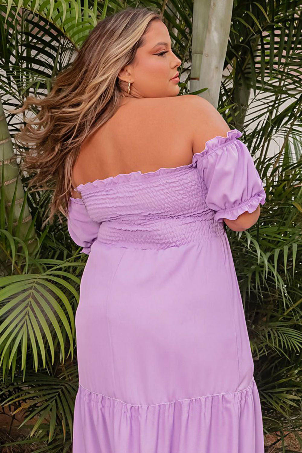 Purple Ruffled Smocked Off Shoulder Plus Size Maxi Dress