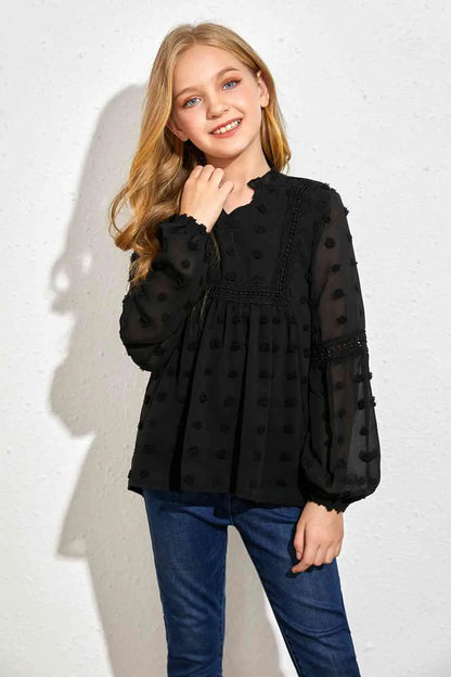 Girls Swiss Dot Spliced Lace Notched Blouse - Image #5