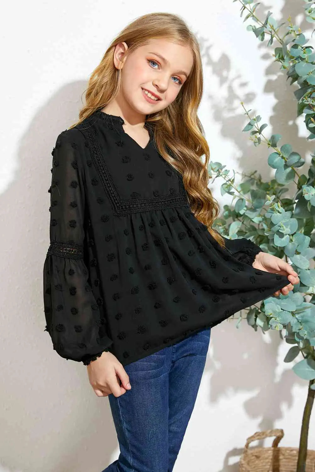 Girls Swiss Dot Spliced Lace Notched Blouse - Image #6