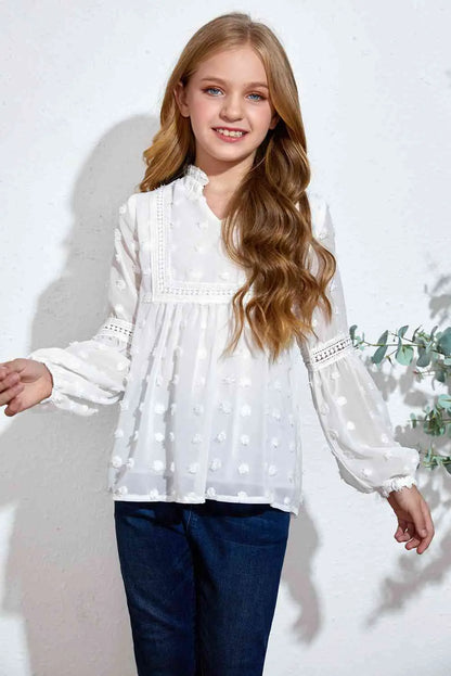 Girls Swiss Dot Spliced Lace Notched Blouse - Image #4